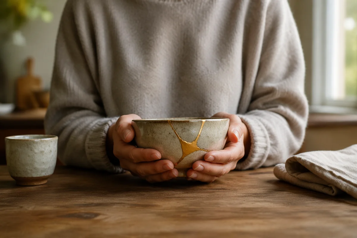 Hands Holding Kintsugi Bowl in Morning Light