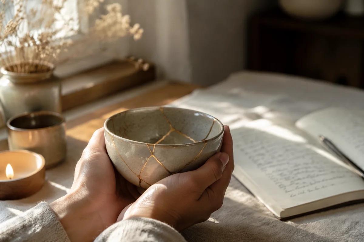 Hands Holding Kintsugi Bowl in Morning Light