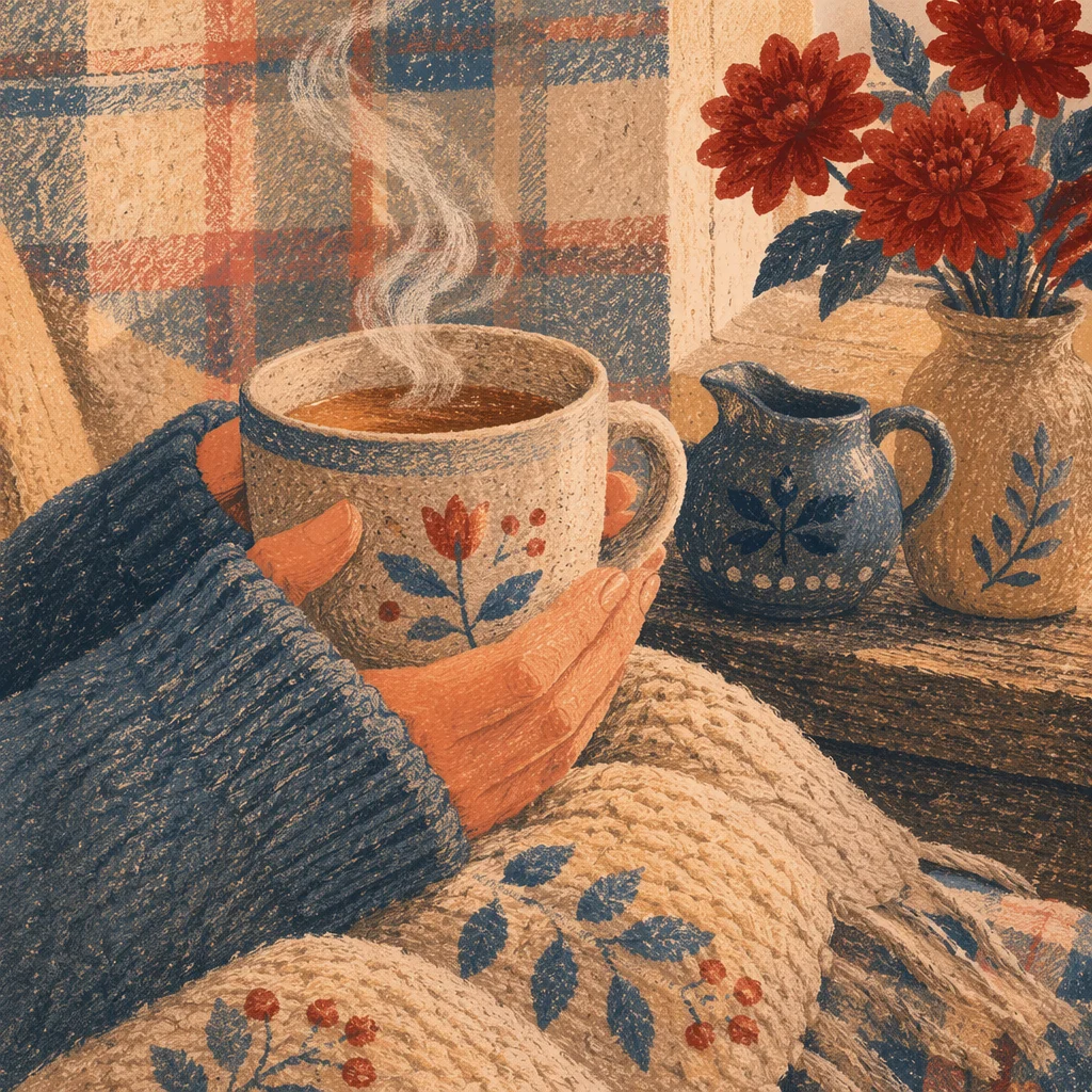 Cozy Hands Holding Steaming Autumn Mug