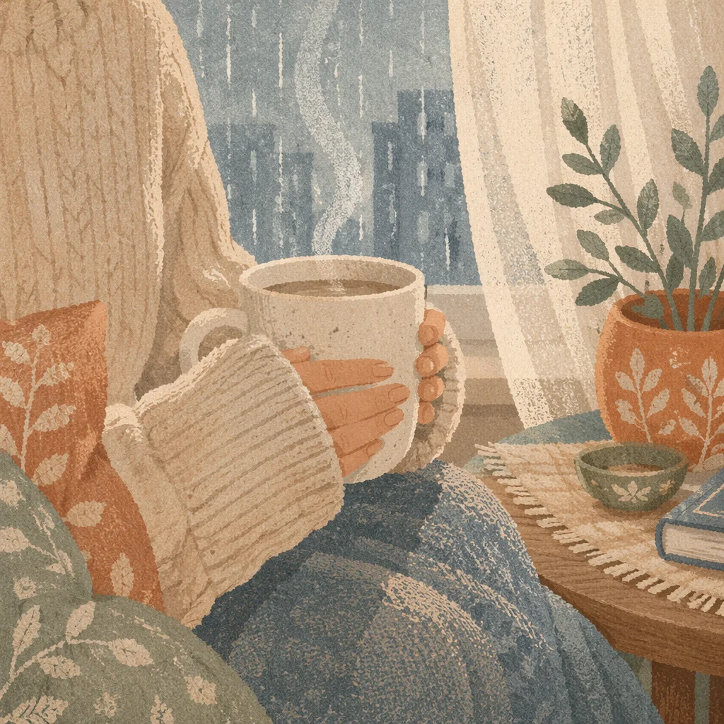 Cozy Hands Holding Steaming Mug