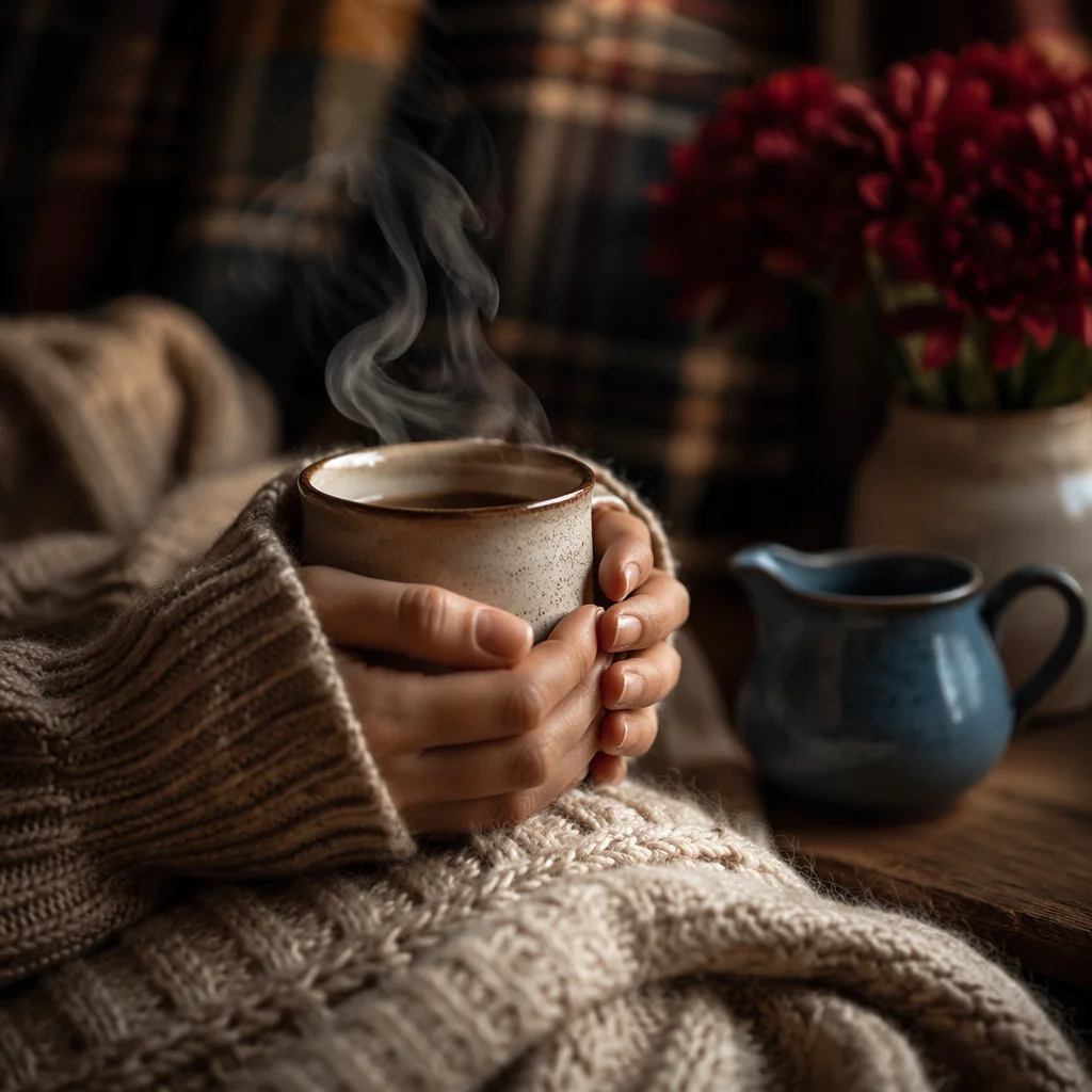 Cozy Hands Holding Steaming Mug in Autumn