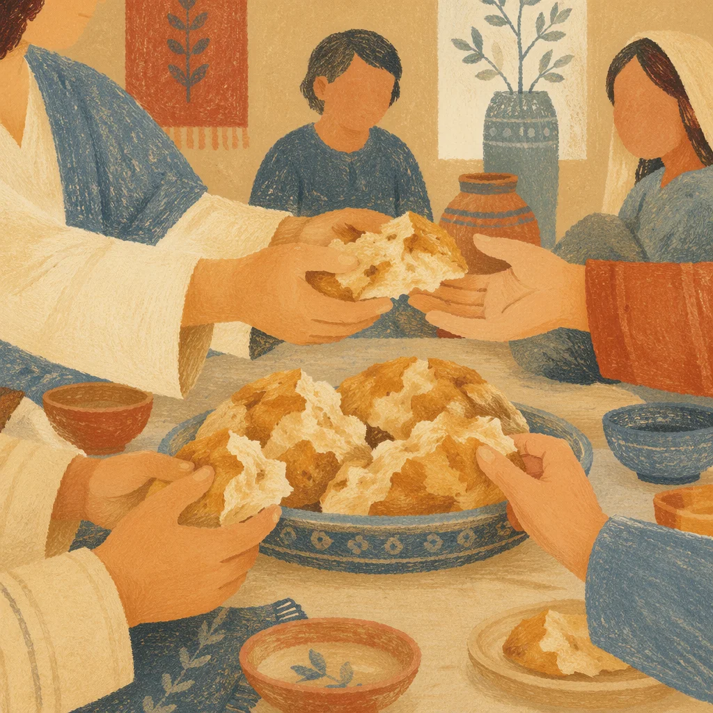 Hands Sharing Rustic Bread at Home