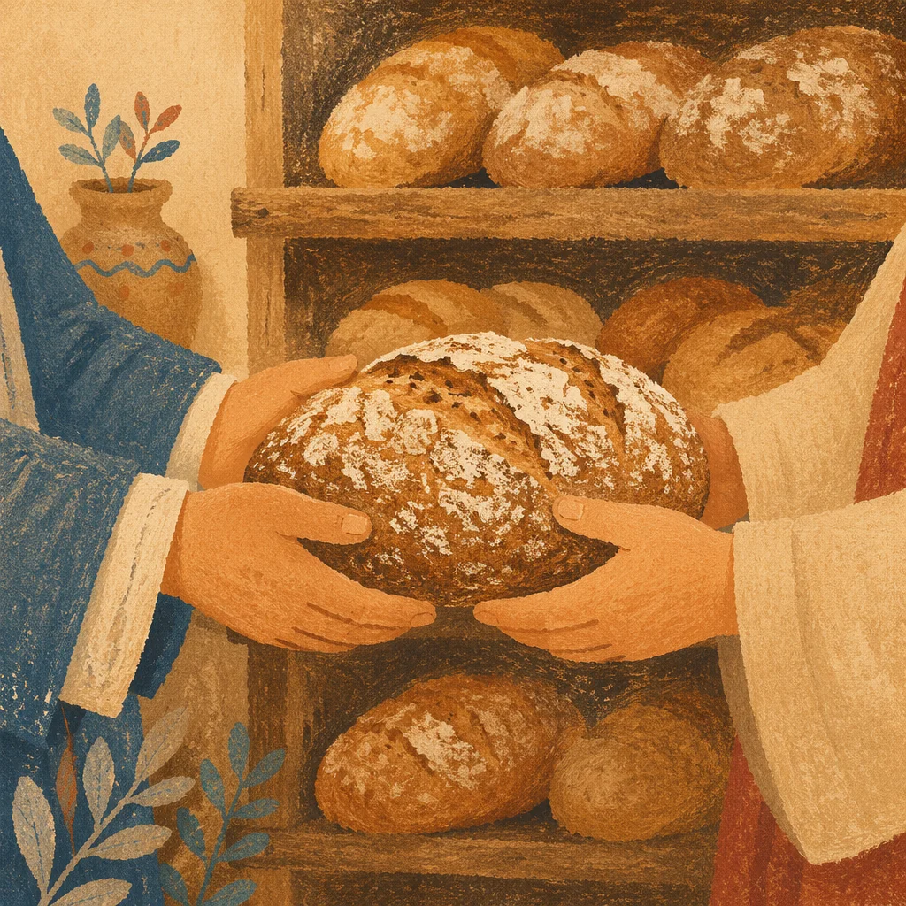 Sharing Rustic Bread in Warm Bakery
