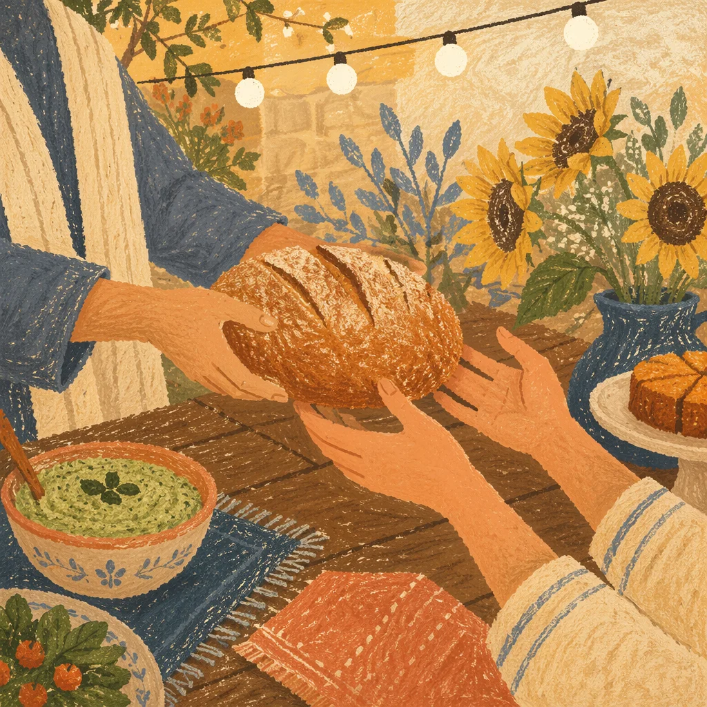 Hands Sharing Bread at Warm Patio Table