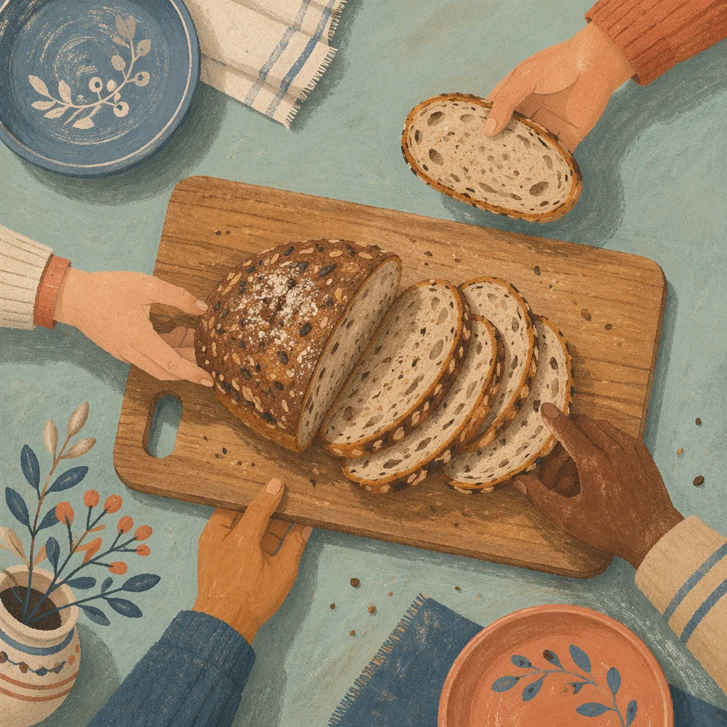 Hands Sharing Rustic Bread on Wooden Board