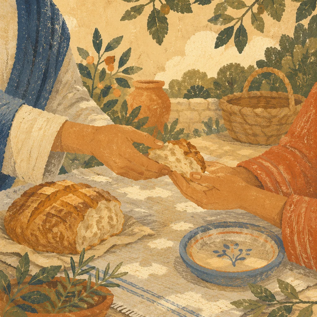Hands Sharing Rustic Bread at Table
