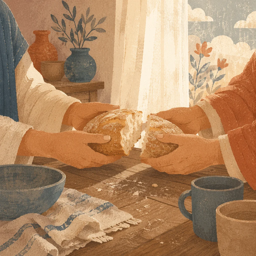 Hands Sharing Rustic Bread in Morning Light