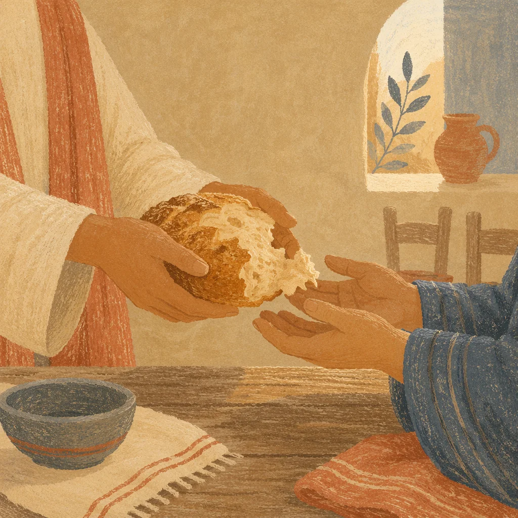 Hands Sharing Bread in Sunlit Kitchen