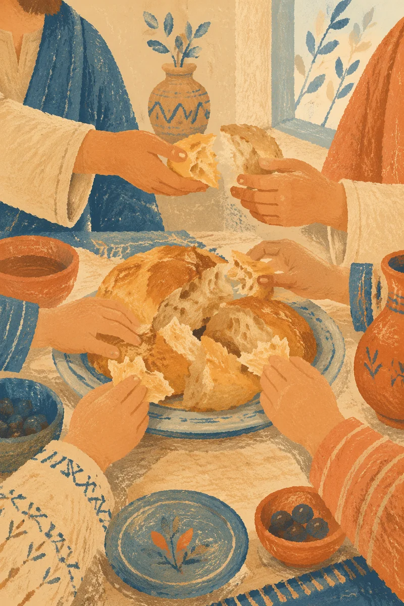 Hands Sharing Rustic Bread at Cozy Table