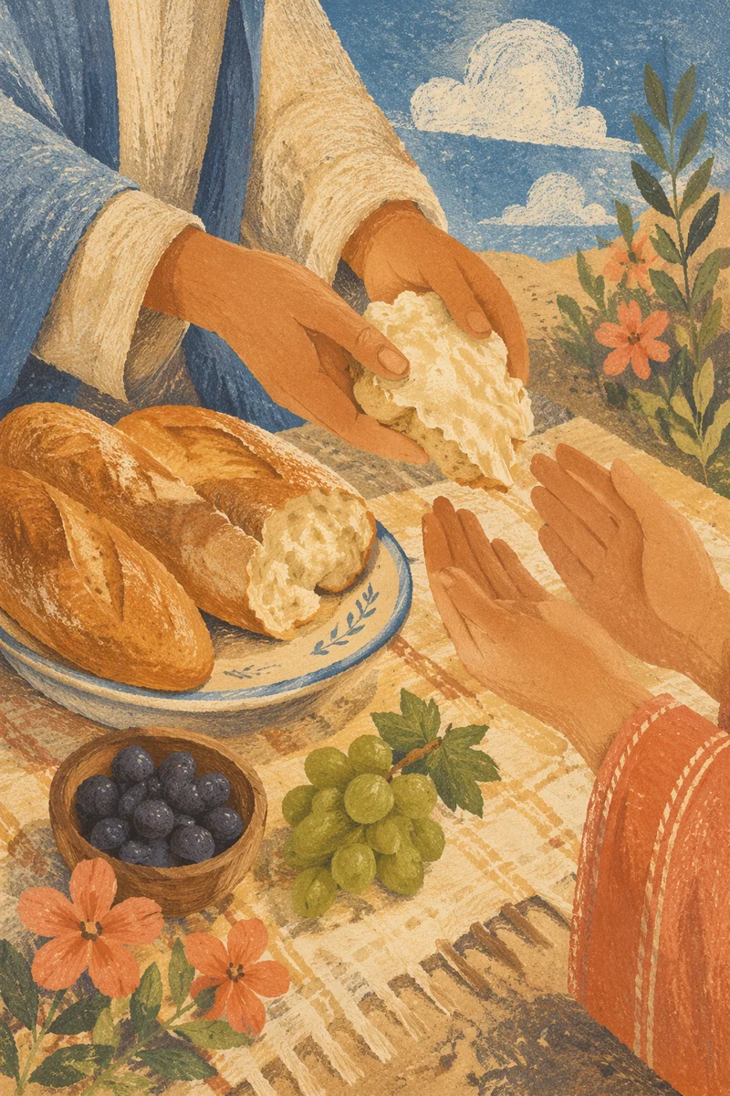 Hands Sharing Bread at Summer Picnic