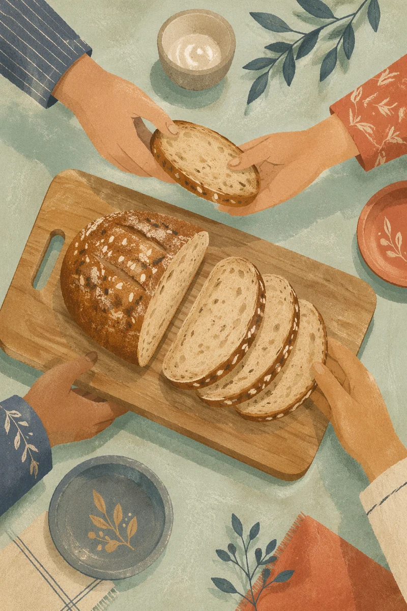 Hands Sharing Rustic Bread on Wooden Board