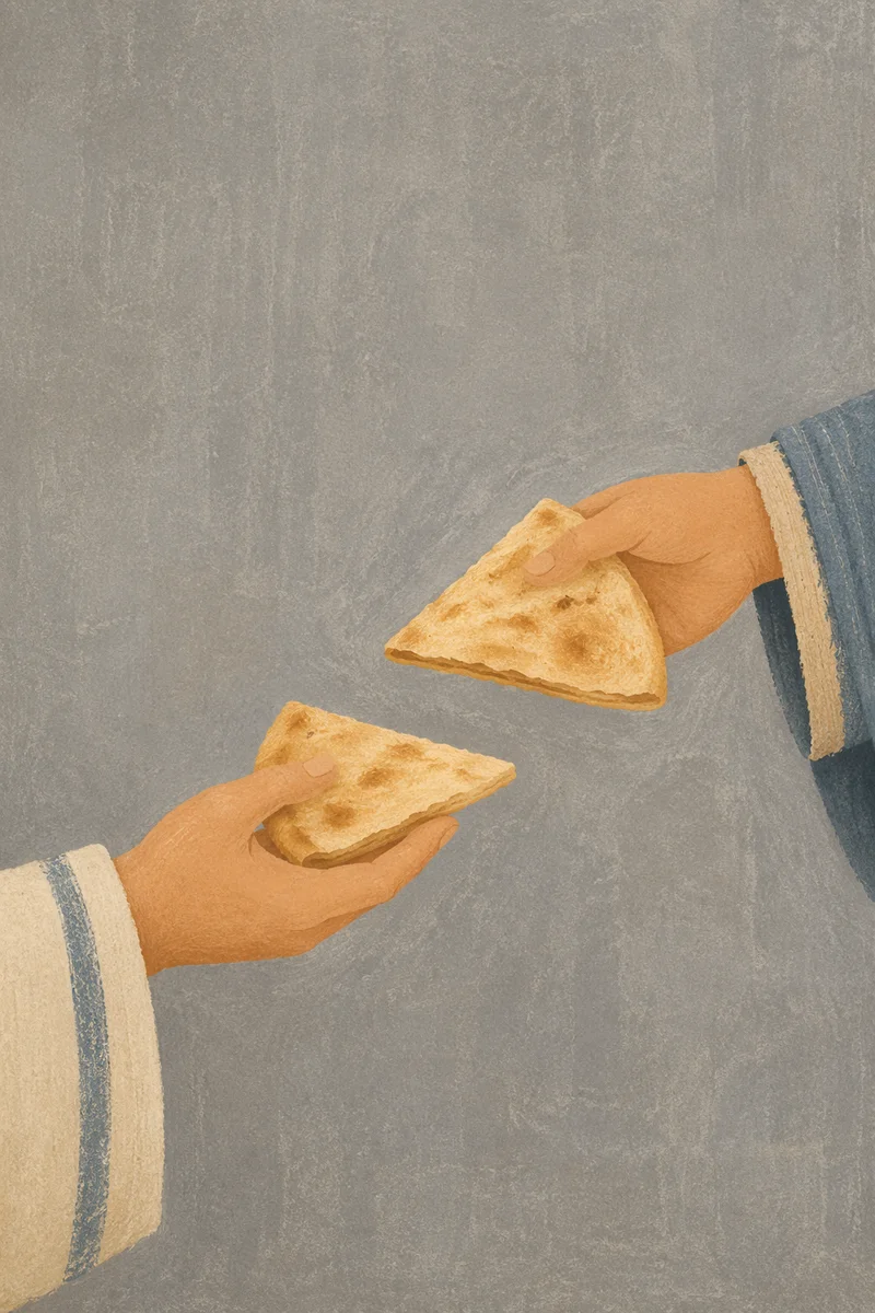 Hands Sharing Warm Flatbread in Gentle Light