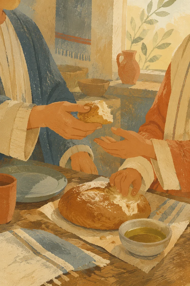 Hands Sharing Rustic Bread in Warm Kitchen