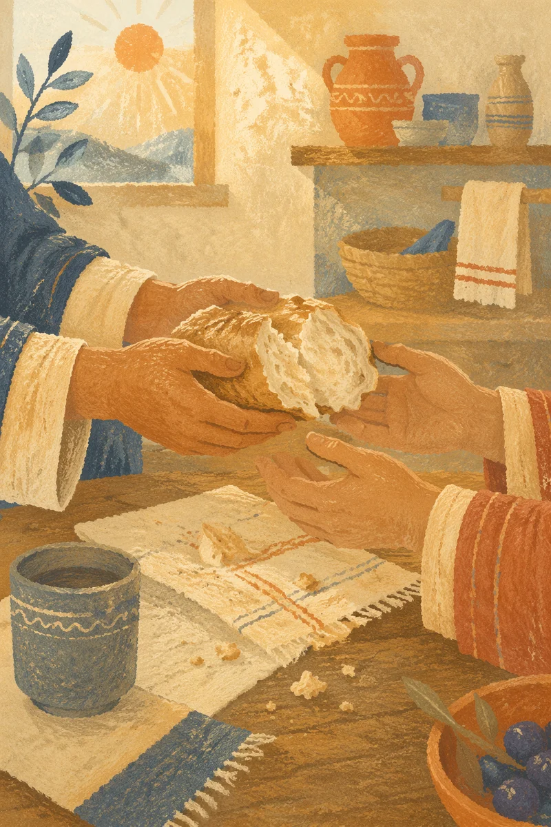 Hands Sharing Rustic Bread in Morning Light
