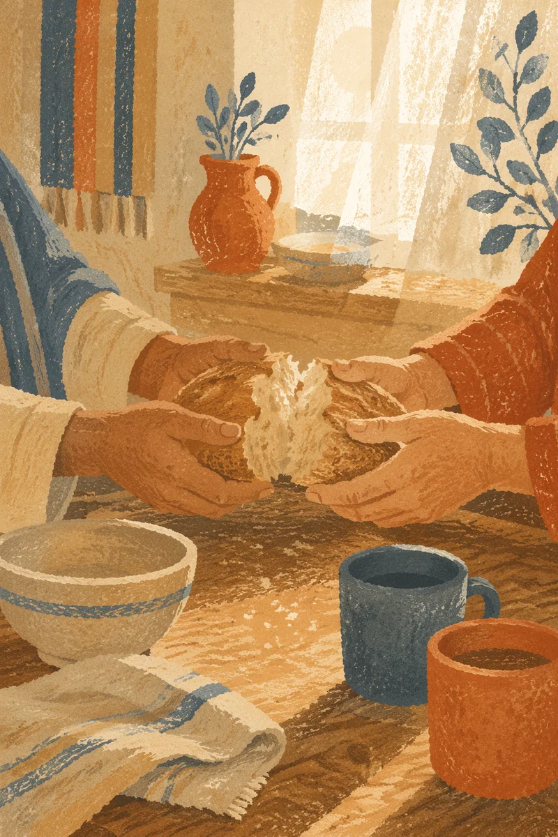 Hands Sharing Bread in Sunlit Kitchen