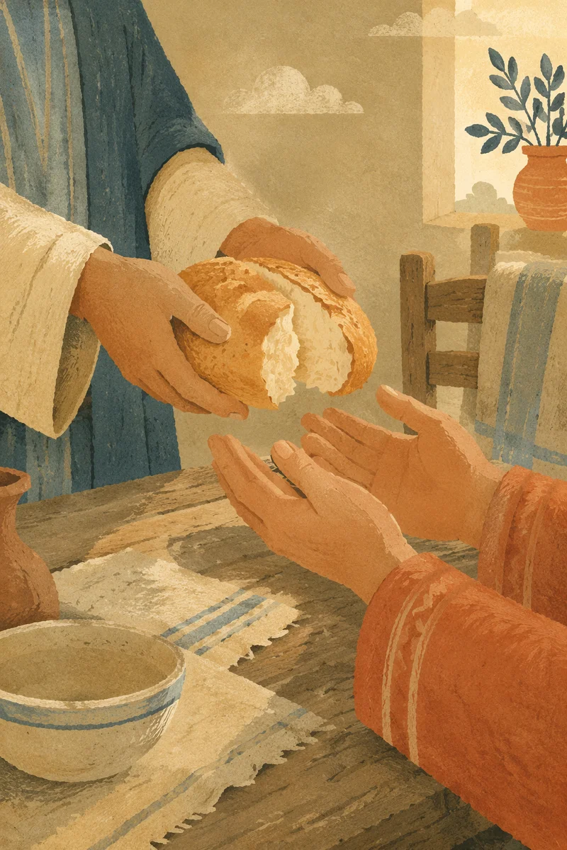 Hands Sharing Bread in Sunlit Kitchen