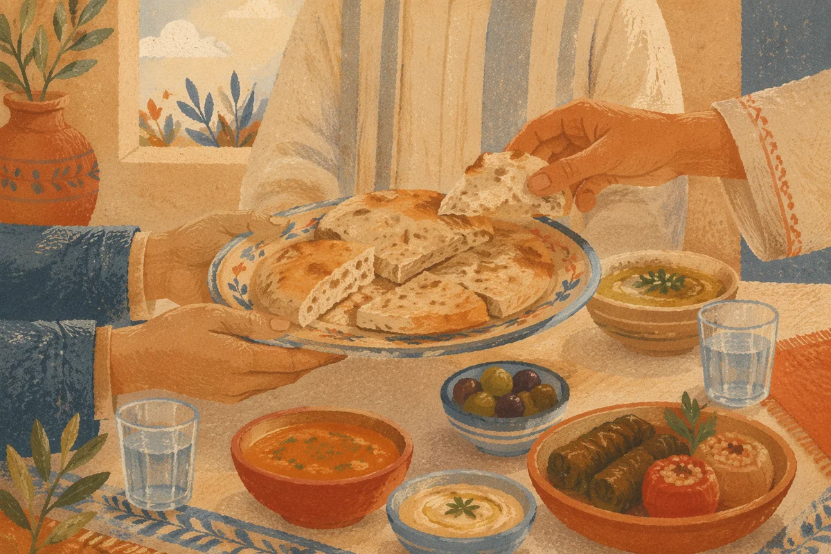 Hands Sharing Bread at Warm Communal Table