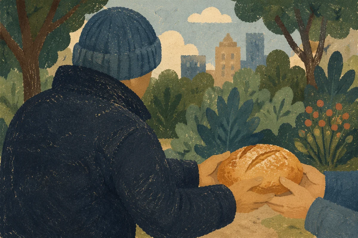 Hands Sharing Bread in Urban Park