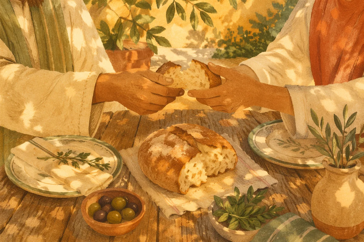 Hands Sharing Rustic Bread at Golden Hour