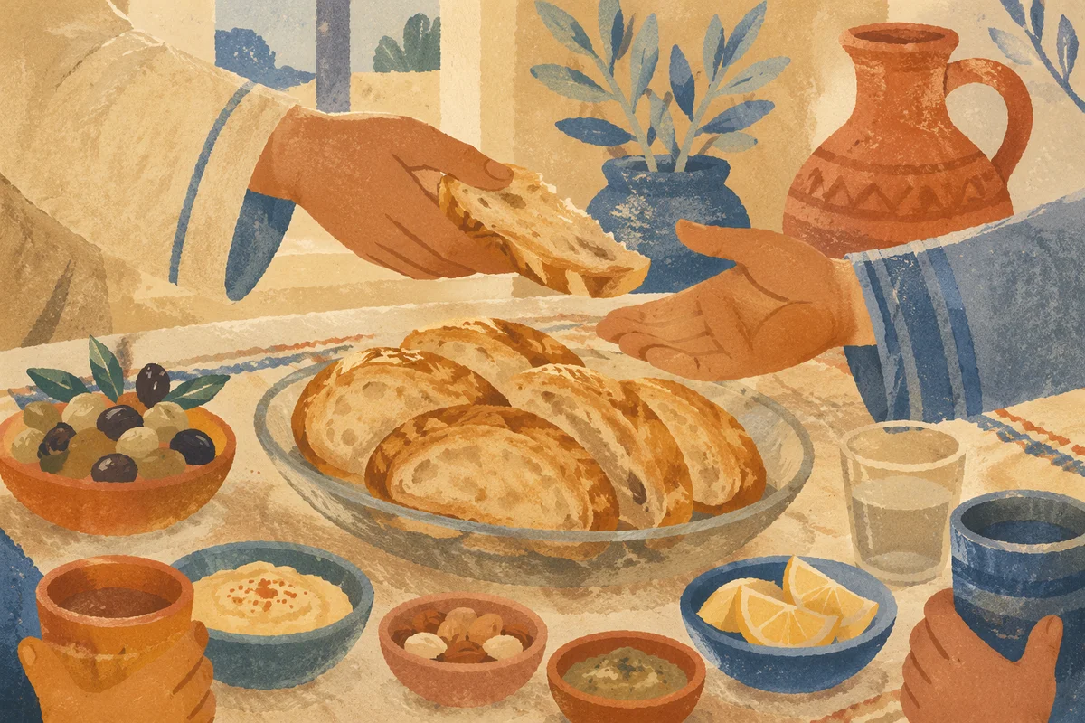 Hands Sharing Rustic Bread at Table