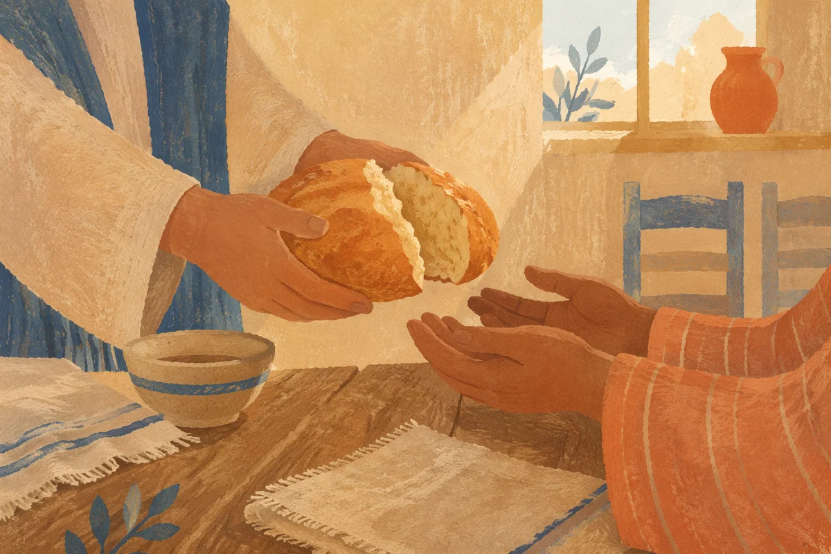 Hands Sharing Bread in Sunlit Kitchen