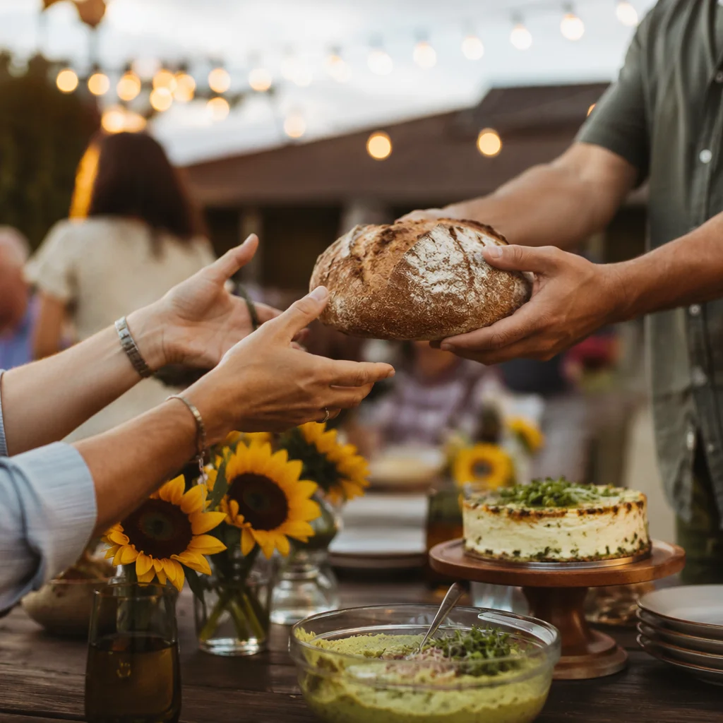 Hands Sharing Bread at Warm Patio Table