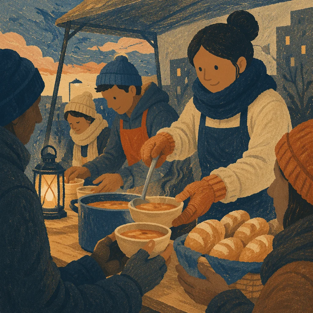 Compassionate Hands Serving Soup at Dusk