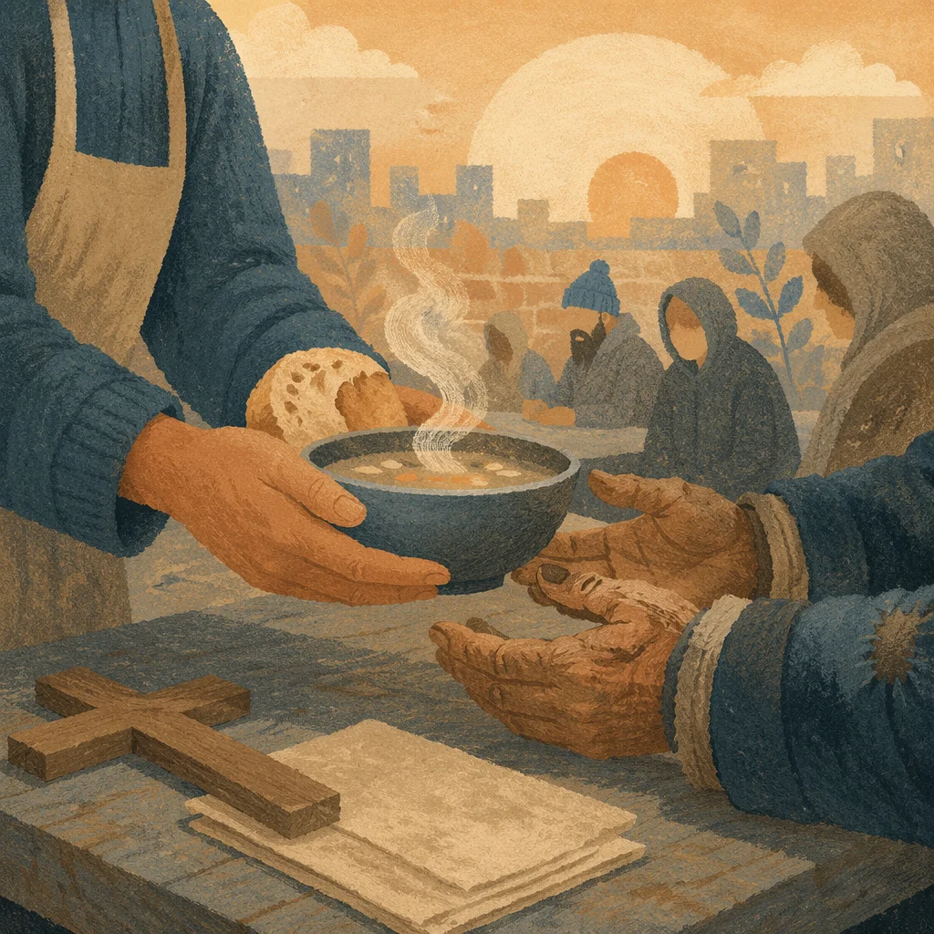 Compassionate Hands Serving Soup at Sunrise