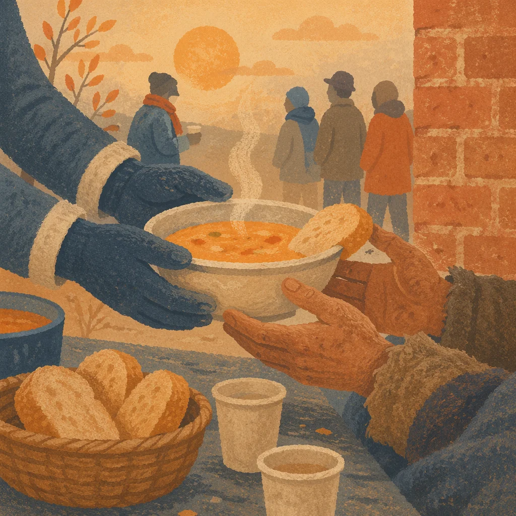 Hands Serving Soup to Homeless Neighbor