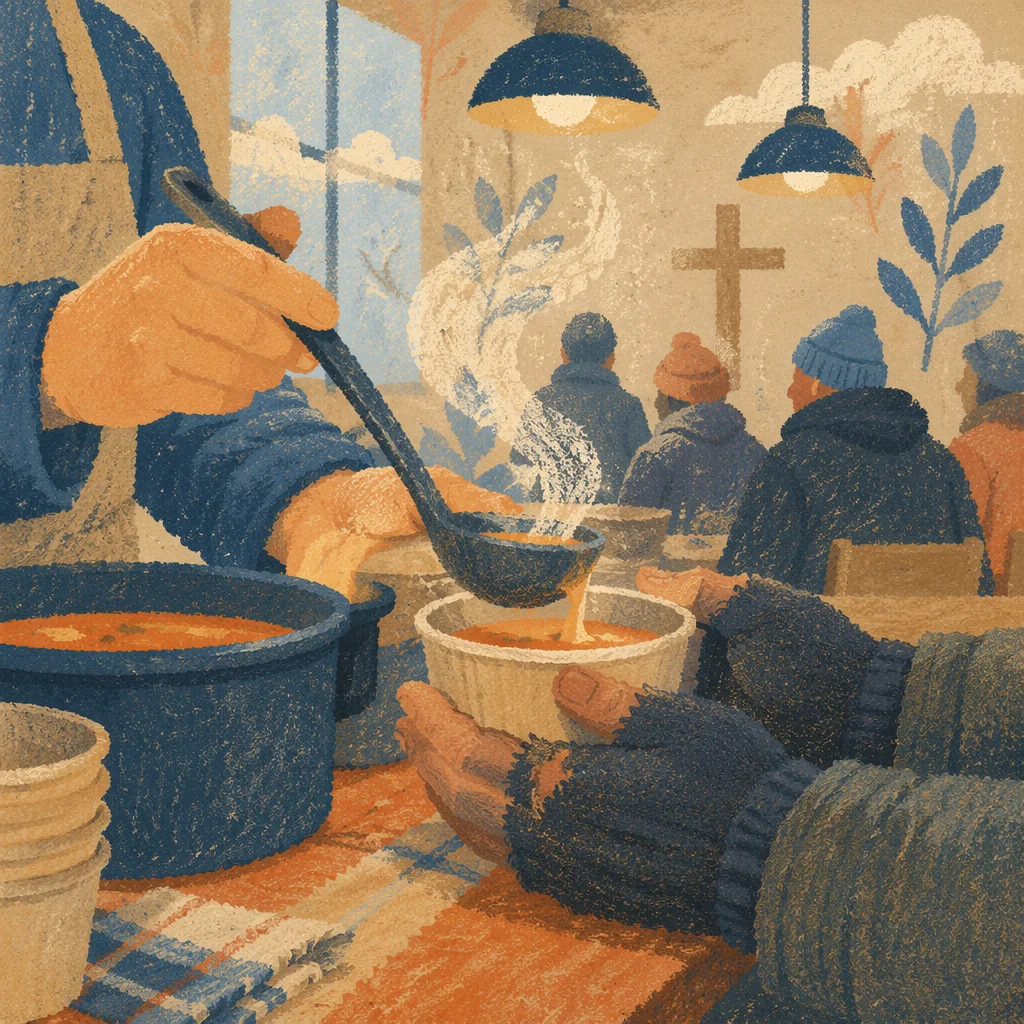 Volunteer Hands Serving Soup with Compassion