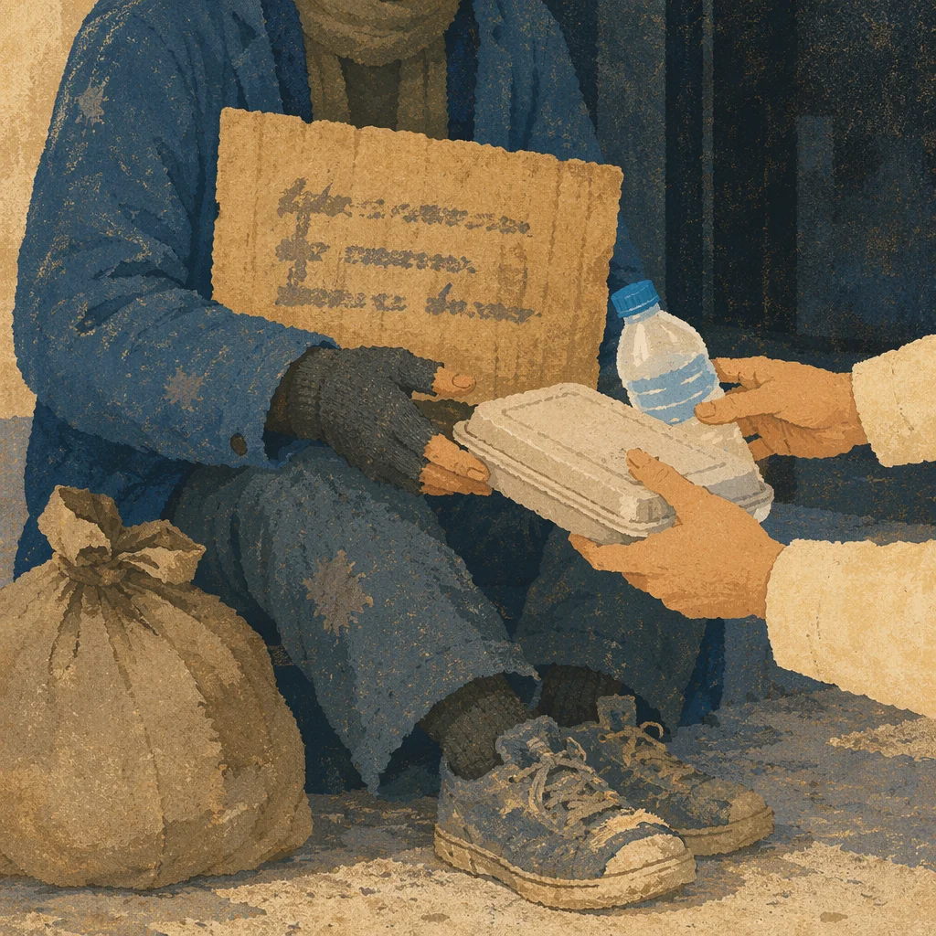 Compassionate Hands Serving Food on Sidewalk