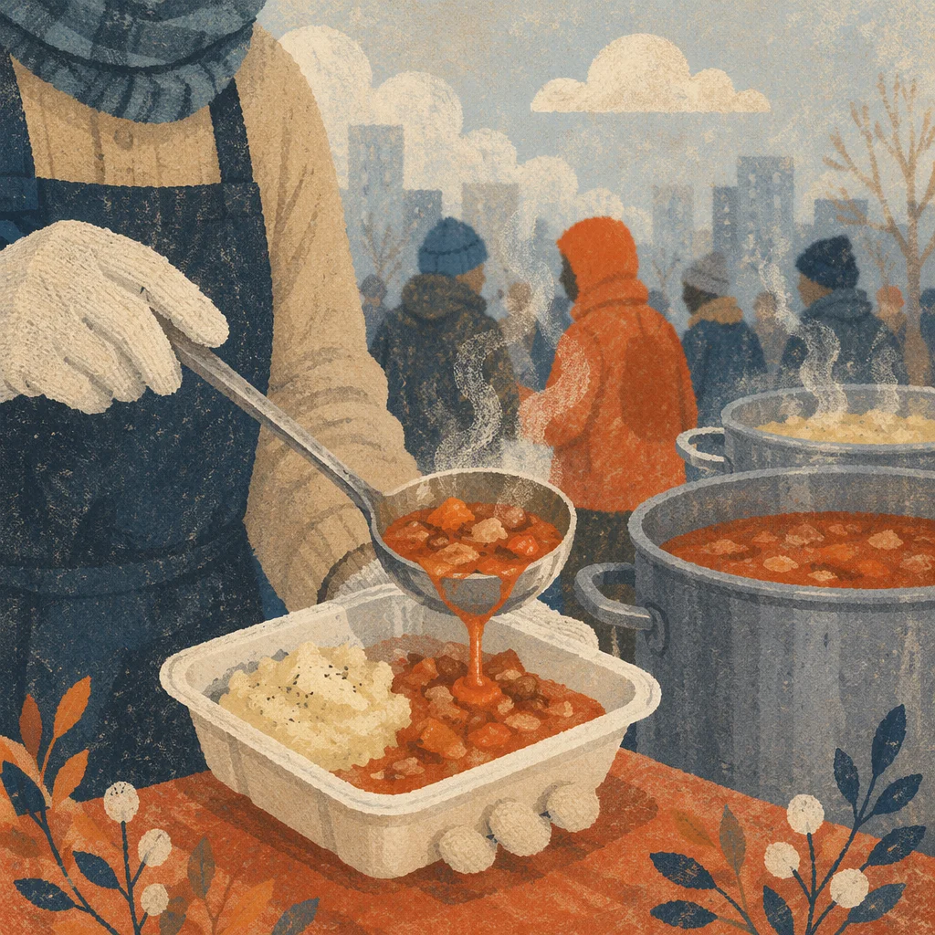 Volunteer Hands Serving Stew to Homeless Neighbors