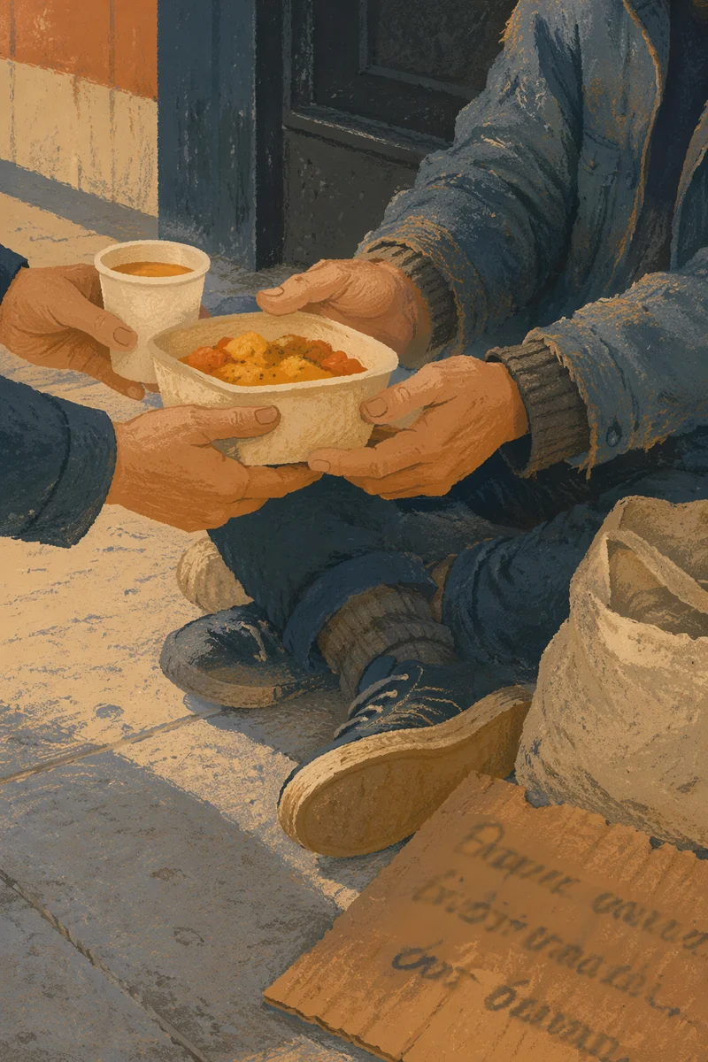 Hands Serving Warm Meal to Unhoused Neighbor