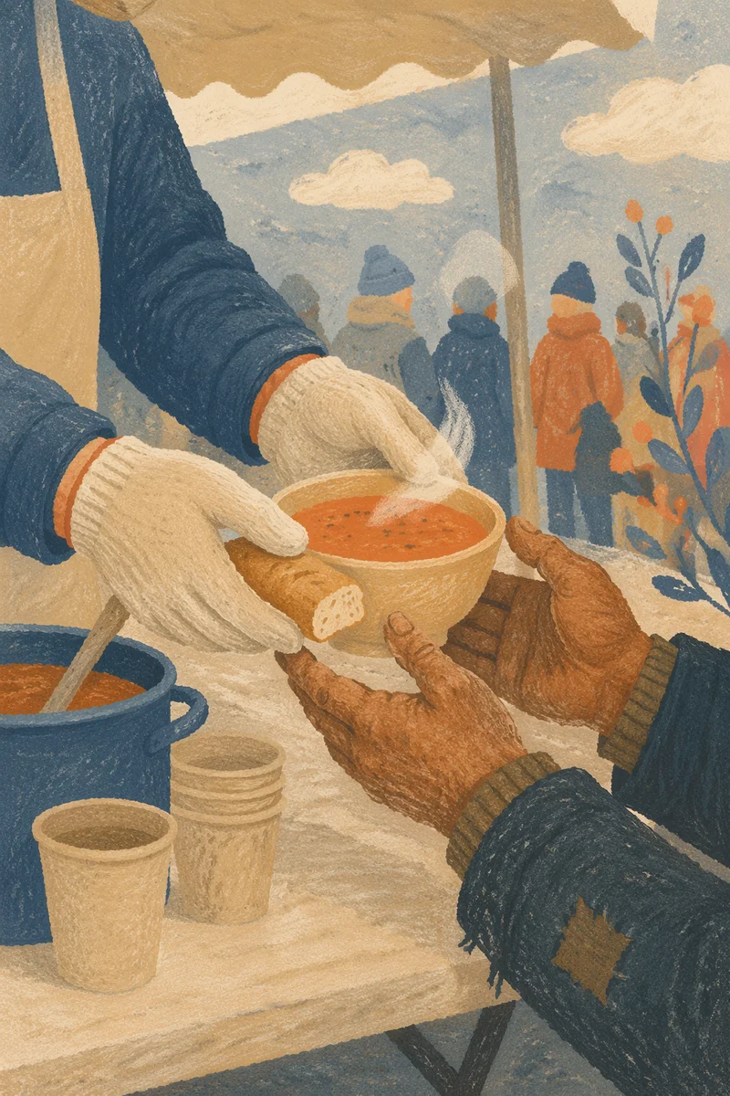 Compassionate Hands Serving Soup Outdoors