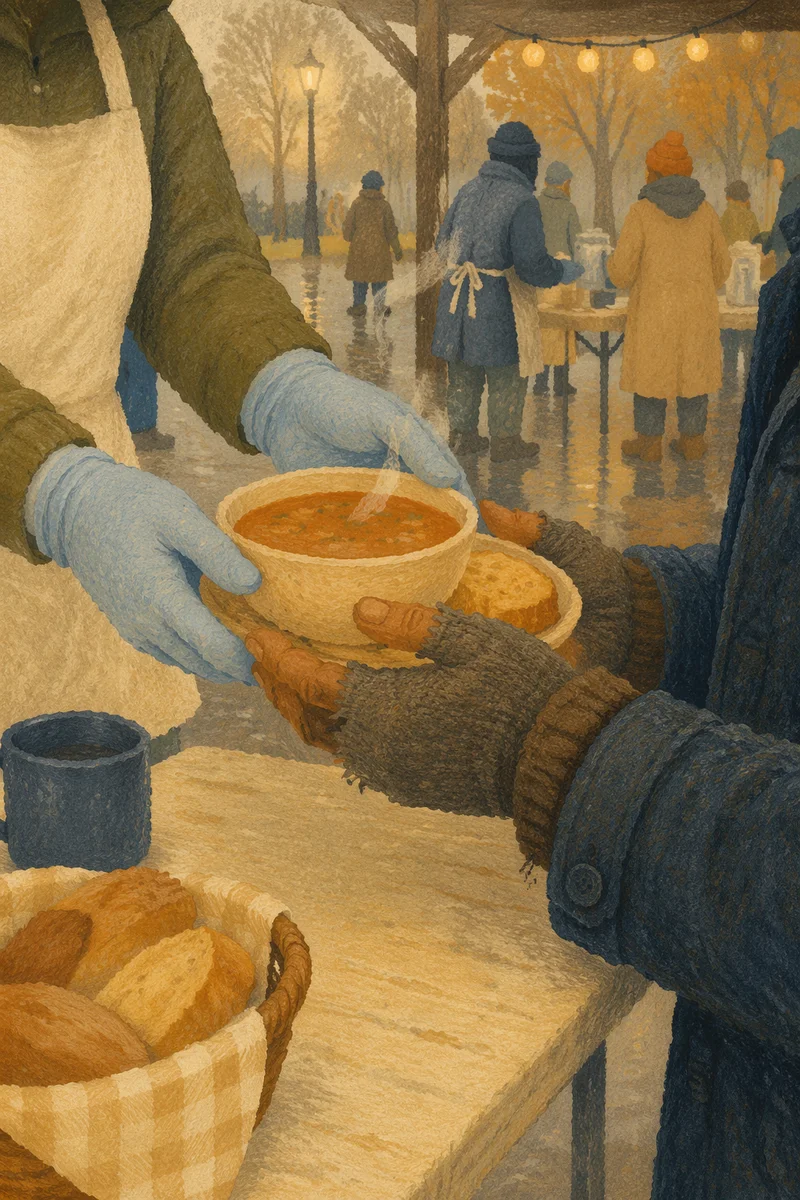 Compassionate Hands Serving Soup and Bread