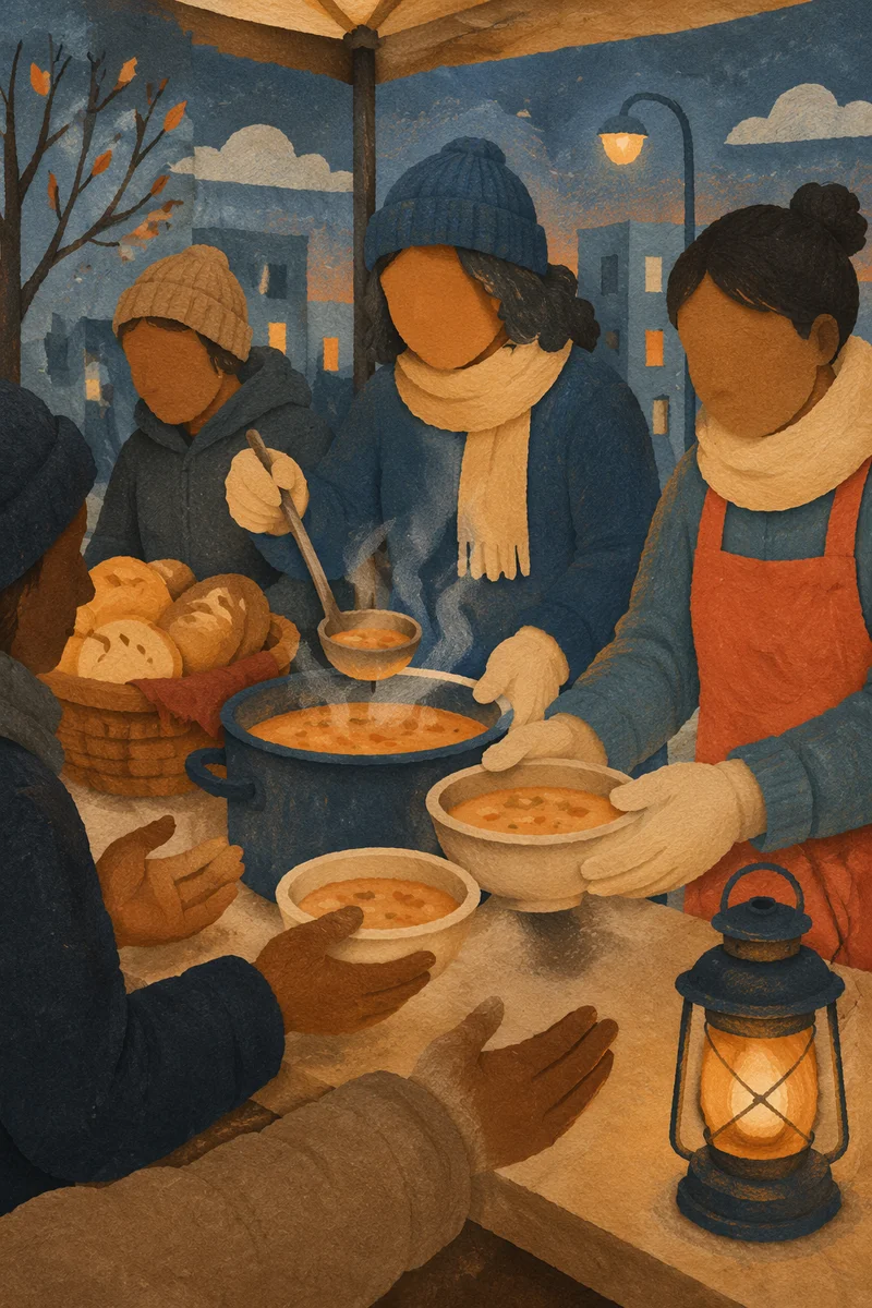 Compassionate Hands Serving Food at Dusk