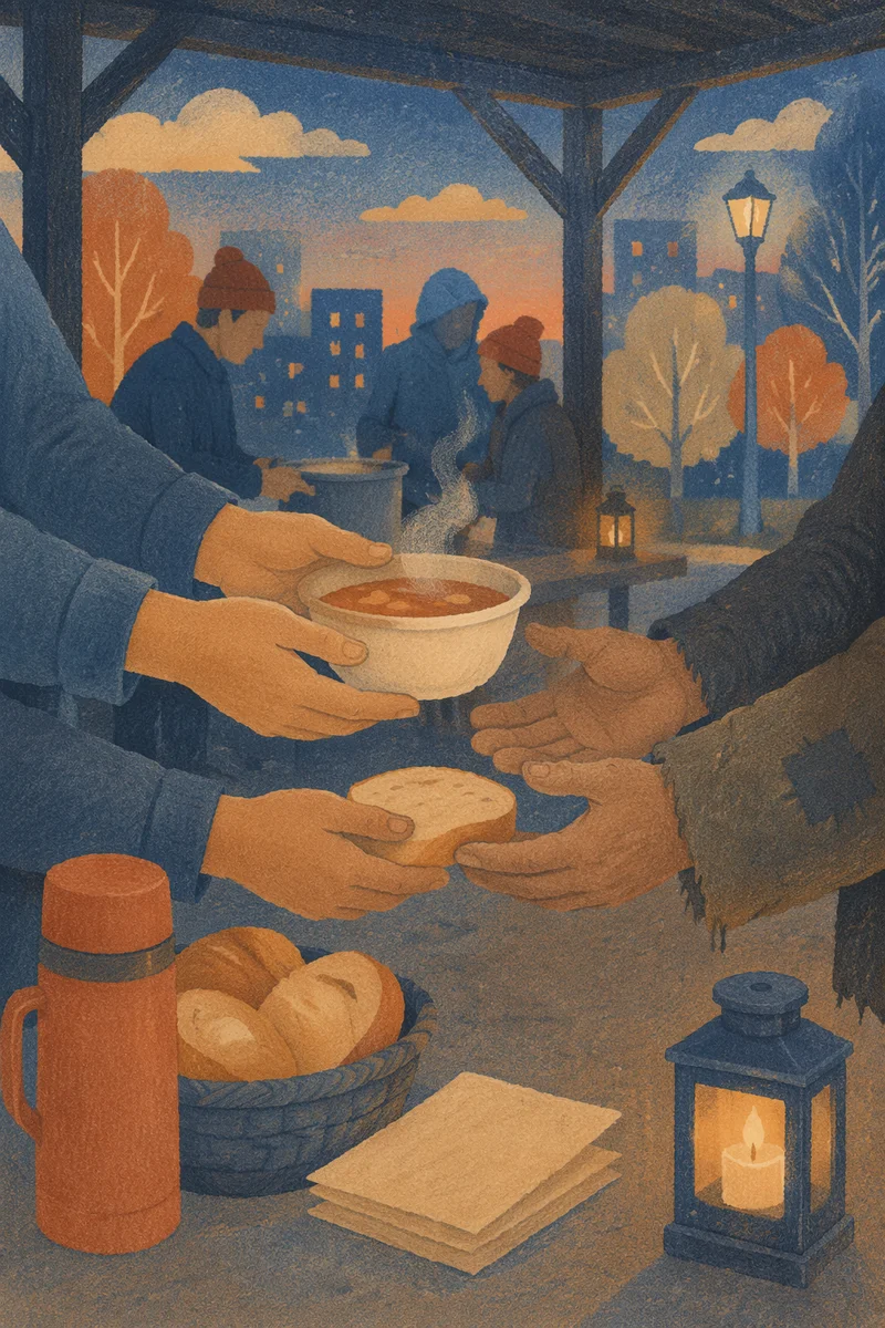 Compassionate Hands Serving Soup at Dusk