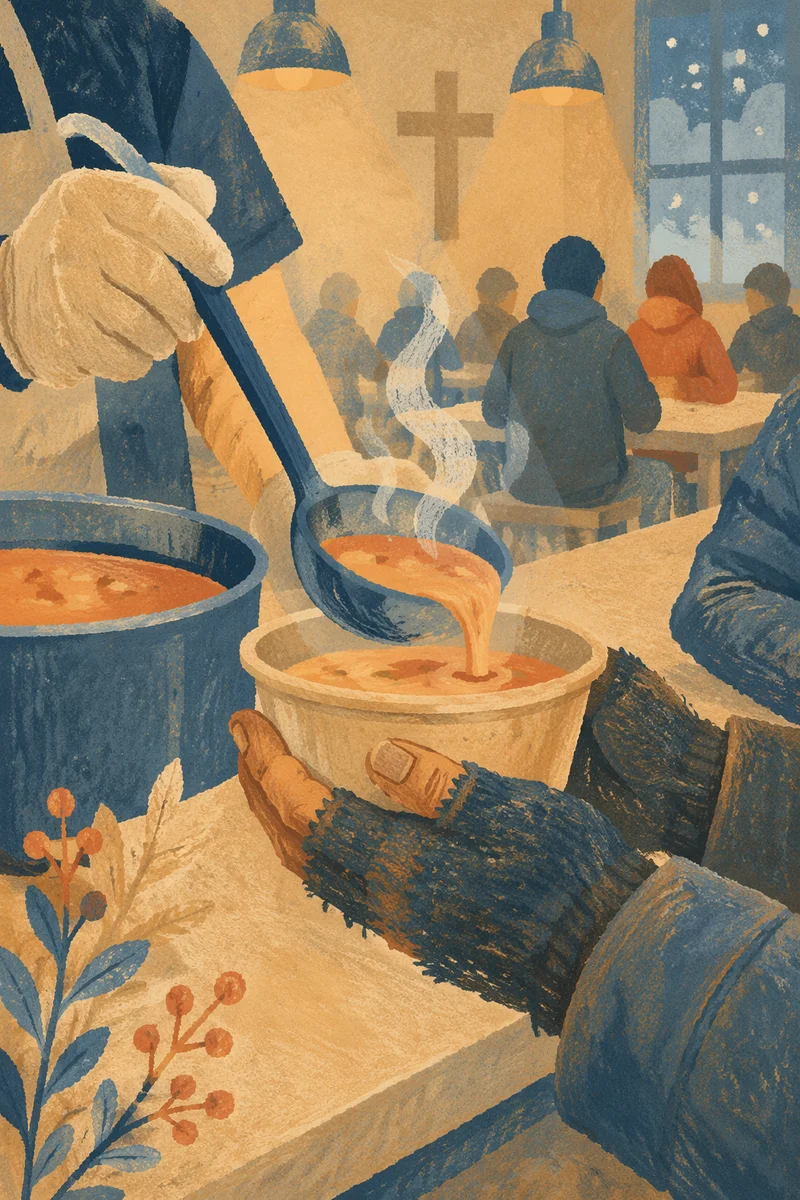 Volunteer Hands Serving Soup in Meal Hall