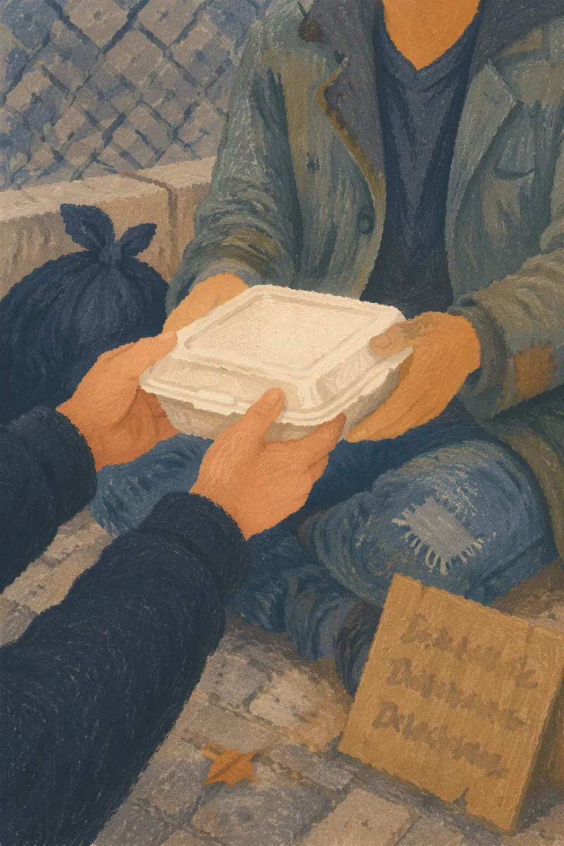 Compassionate Food Handoff on City Sidewalk