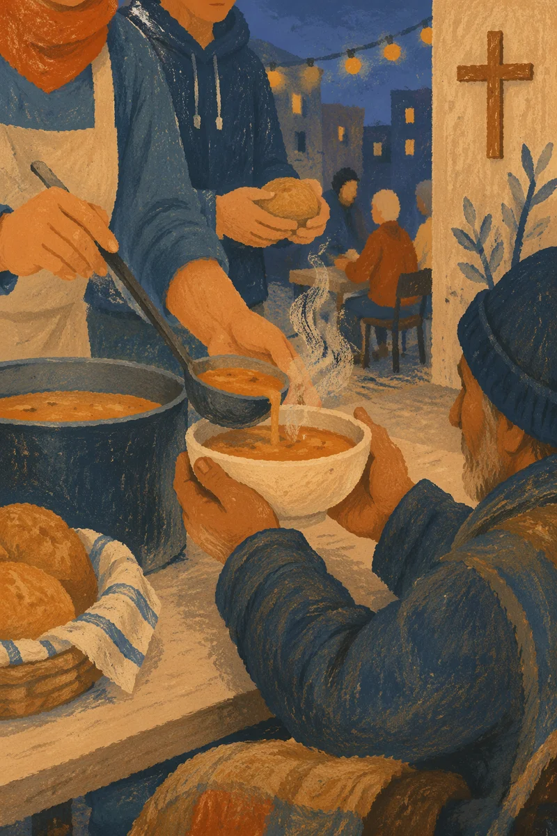 Volunteers Serving Soup with Christian Compassion