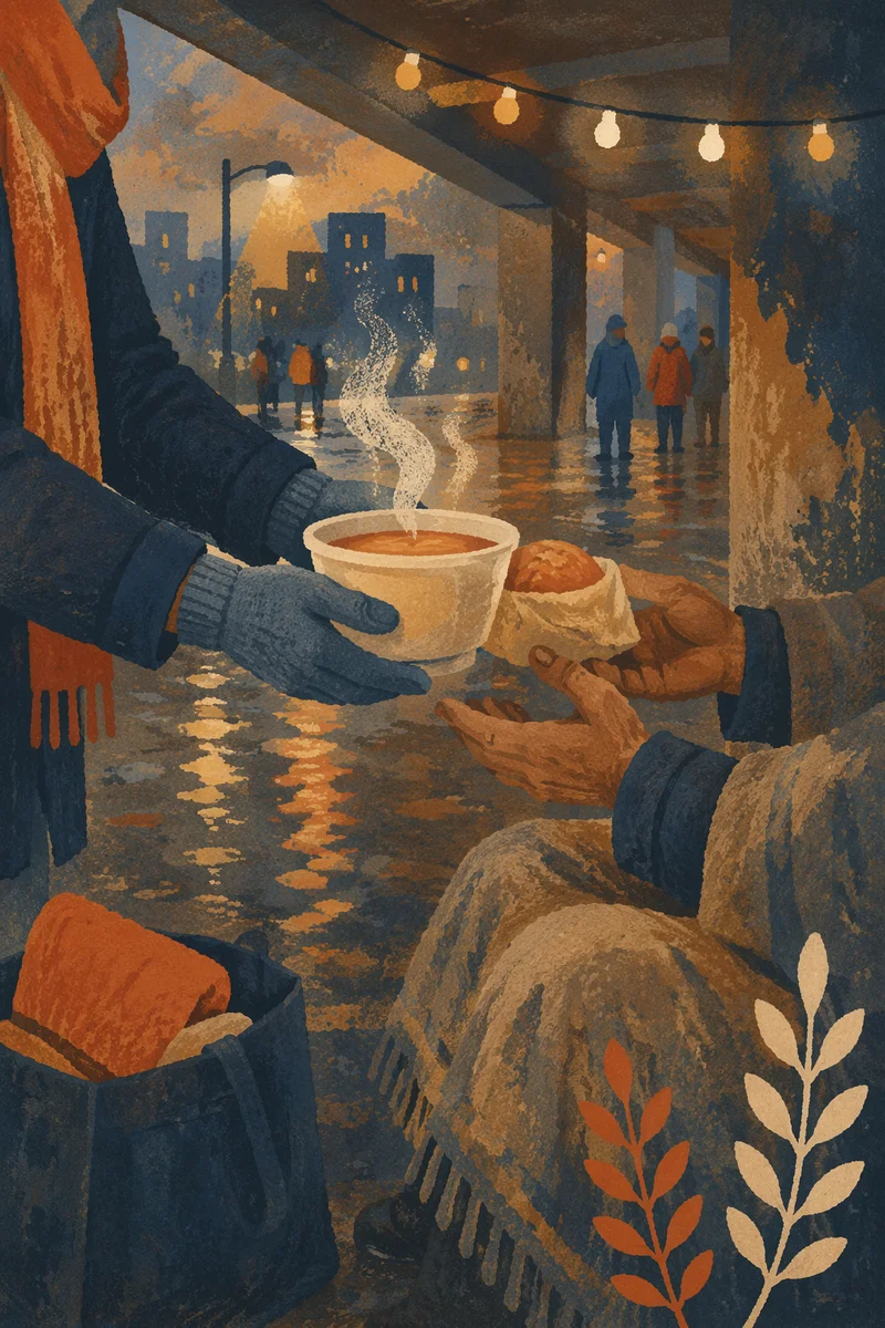 Compassionate Hands Sharing Soup at Dusk