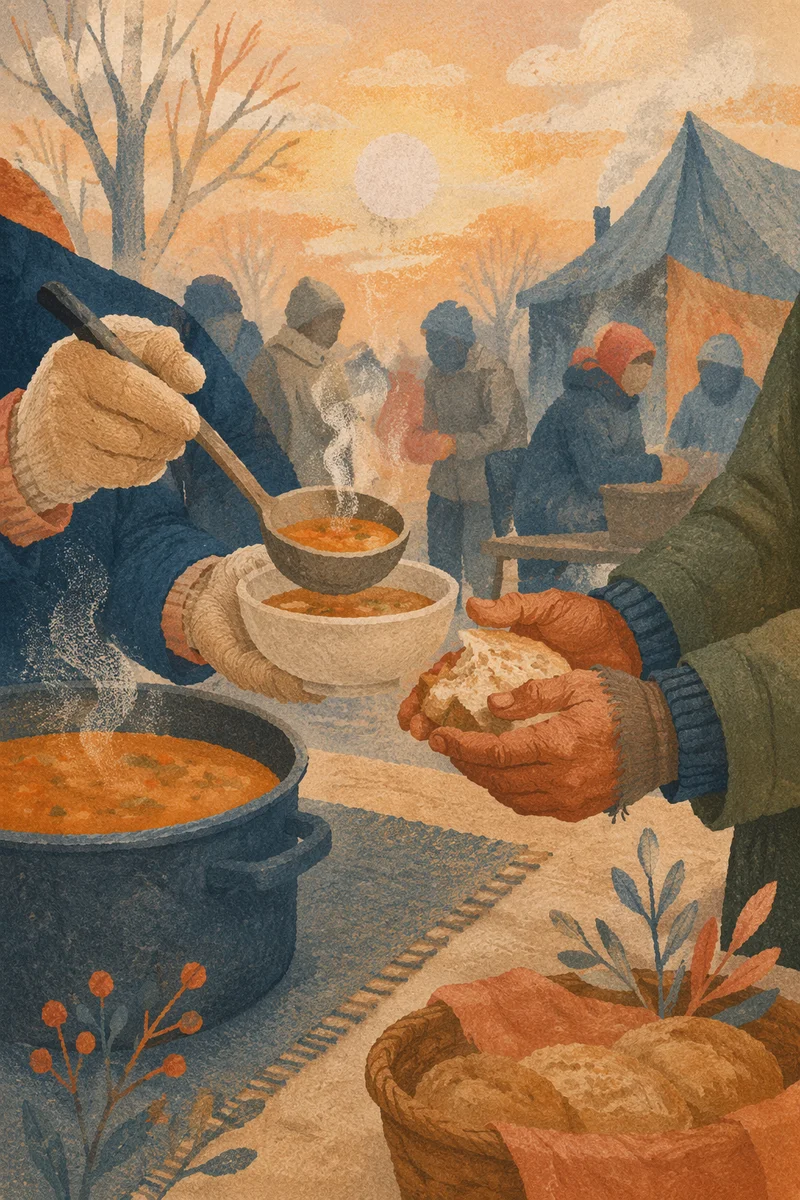 Compassionate Hands Serving Soup at Sunrise
