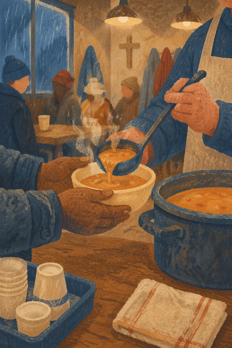 Volunteer Hands Serving Soup in Community Hall