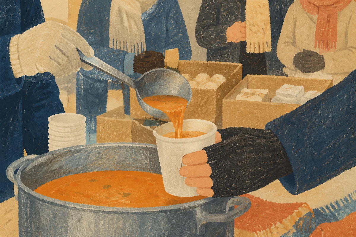 Volunteers Serving Hot Soup to Homeless Neighbors