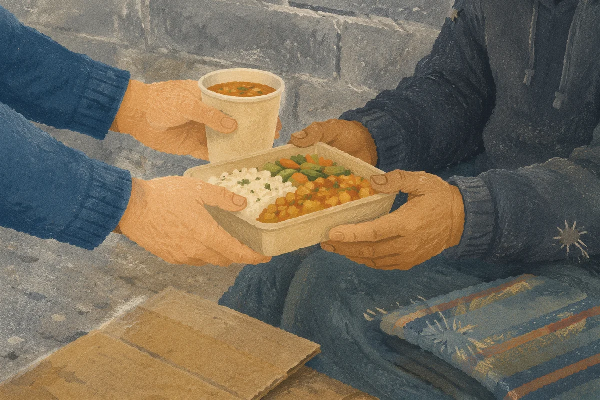 Hands Serving Warm Meals to the Homeless