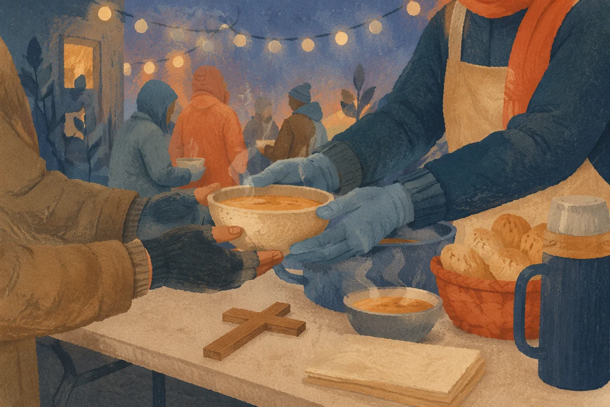 Volunteers Serving Warm Meals at Dusk
