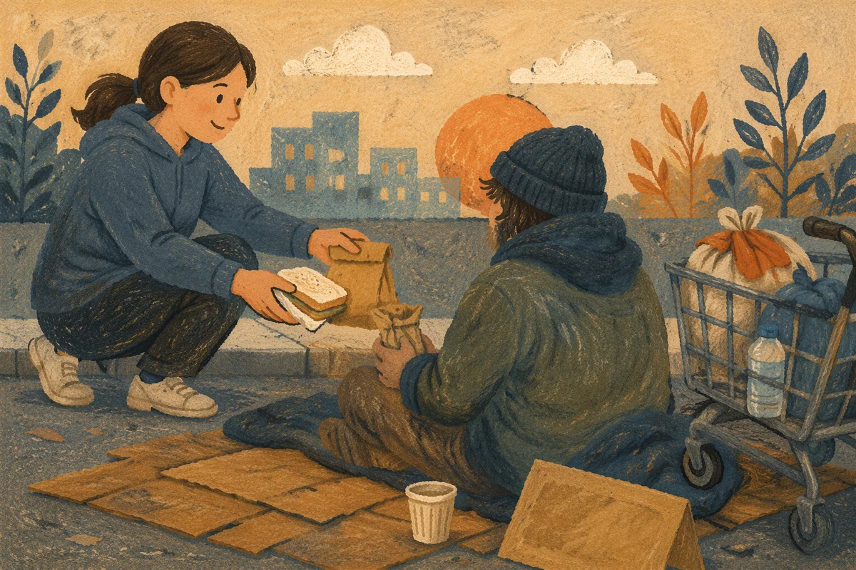 Compassionate Hands Offering Food on Sidewalk