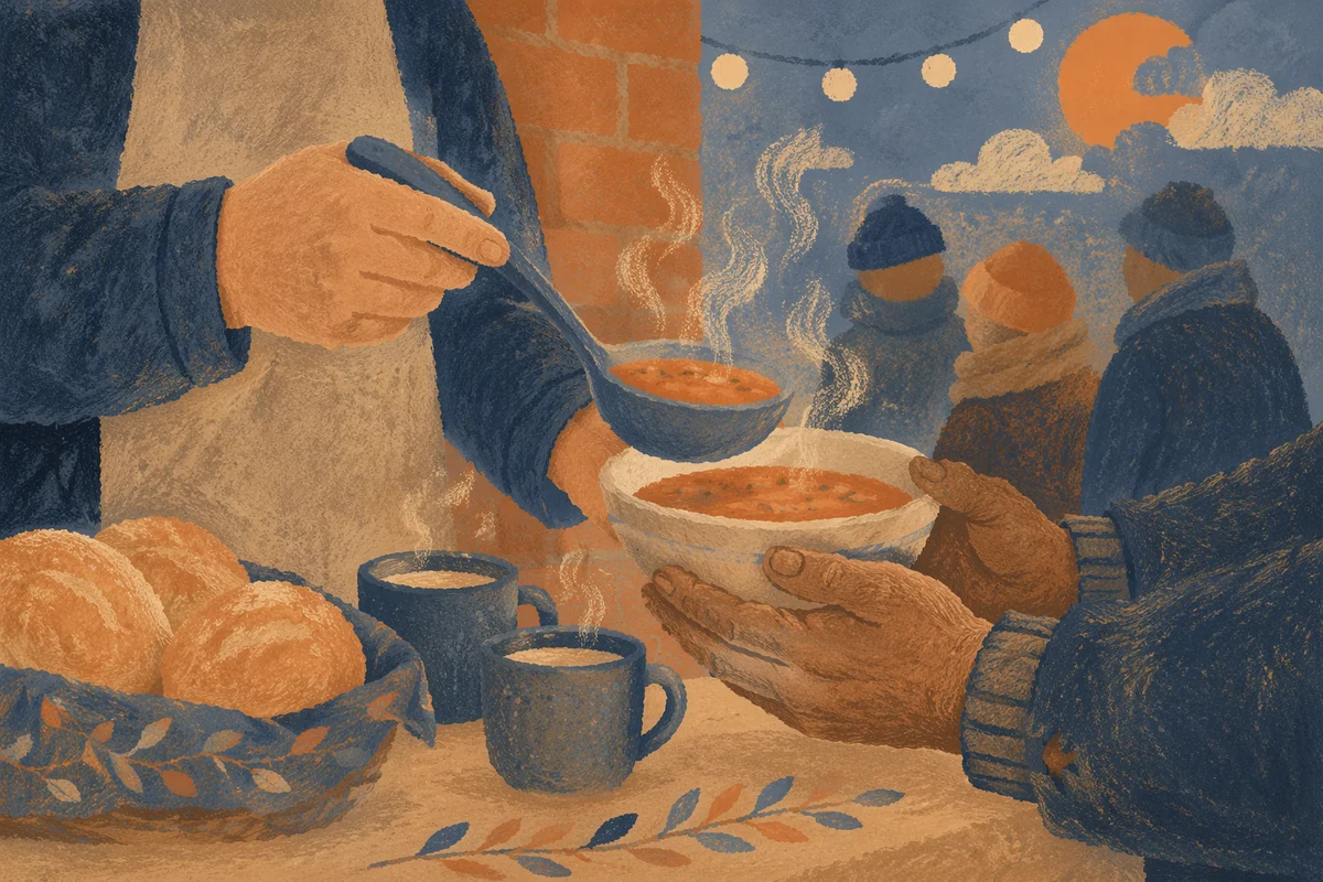 Compassionate Hands Serving Soup at Dusk