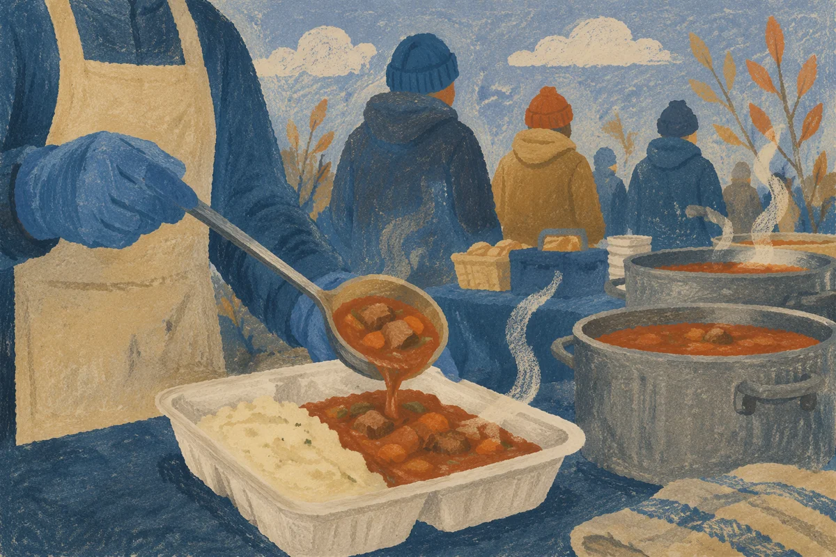 Volunteer Hands Serving Stew to Homeless Neighbors