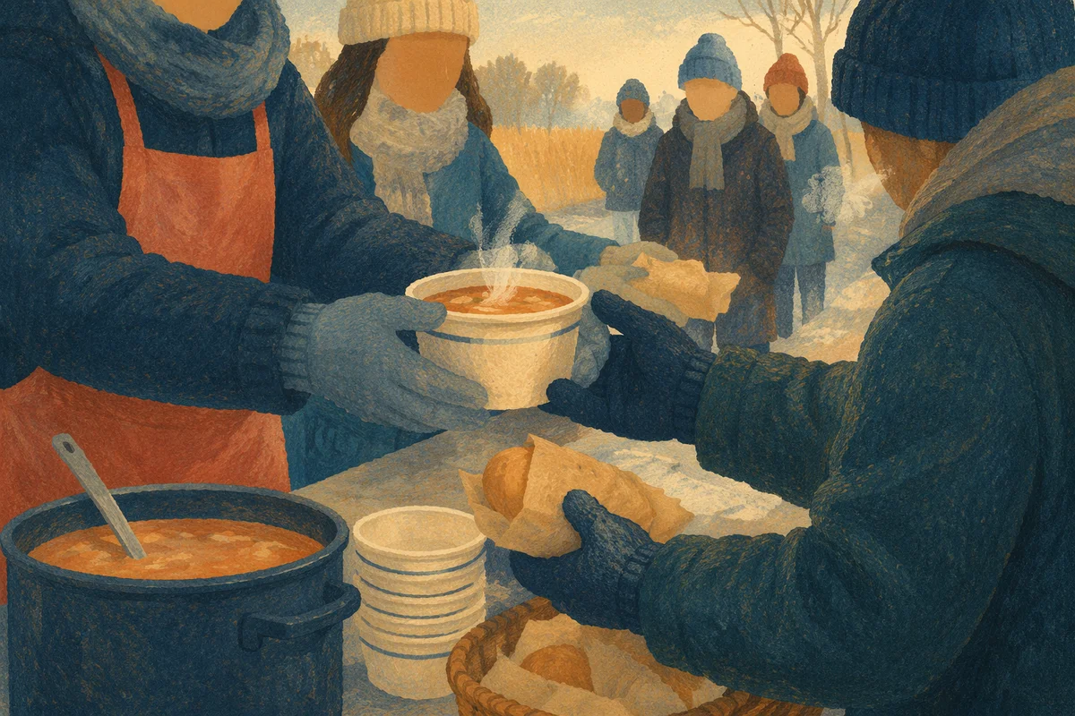 Volunteers Serving Warm Meals Outdoors